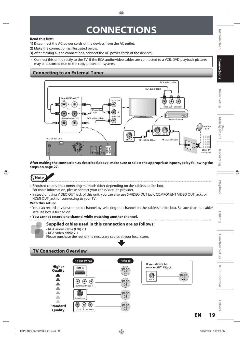 Connections, 19 en 19 en, Connecting to an external tuner | Tv connection overview, Standard quality higher quality | Toshiba DVR620KU User Manual | Page 19 / 113