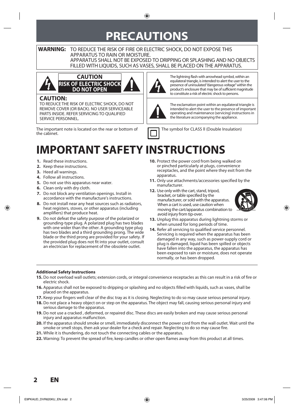 Precautions, Important safety instructions, 2en 2 en | Caution, Caution risk of electric shock do not open | Toshiba DVR620KU User Manual | Page 2 / 113