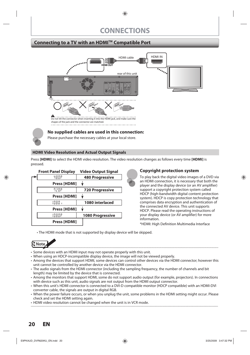 Connections, 20 en 20 en, Connecting to a tv with an hdmi | Compatible port, Copyright protection system, No supplied cables are used in this connection, Hdmi video resolution and actual output signals | Toshiba DVR620KU User Manual | Page 20 / 113