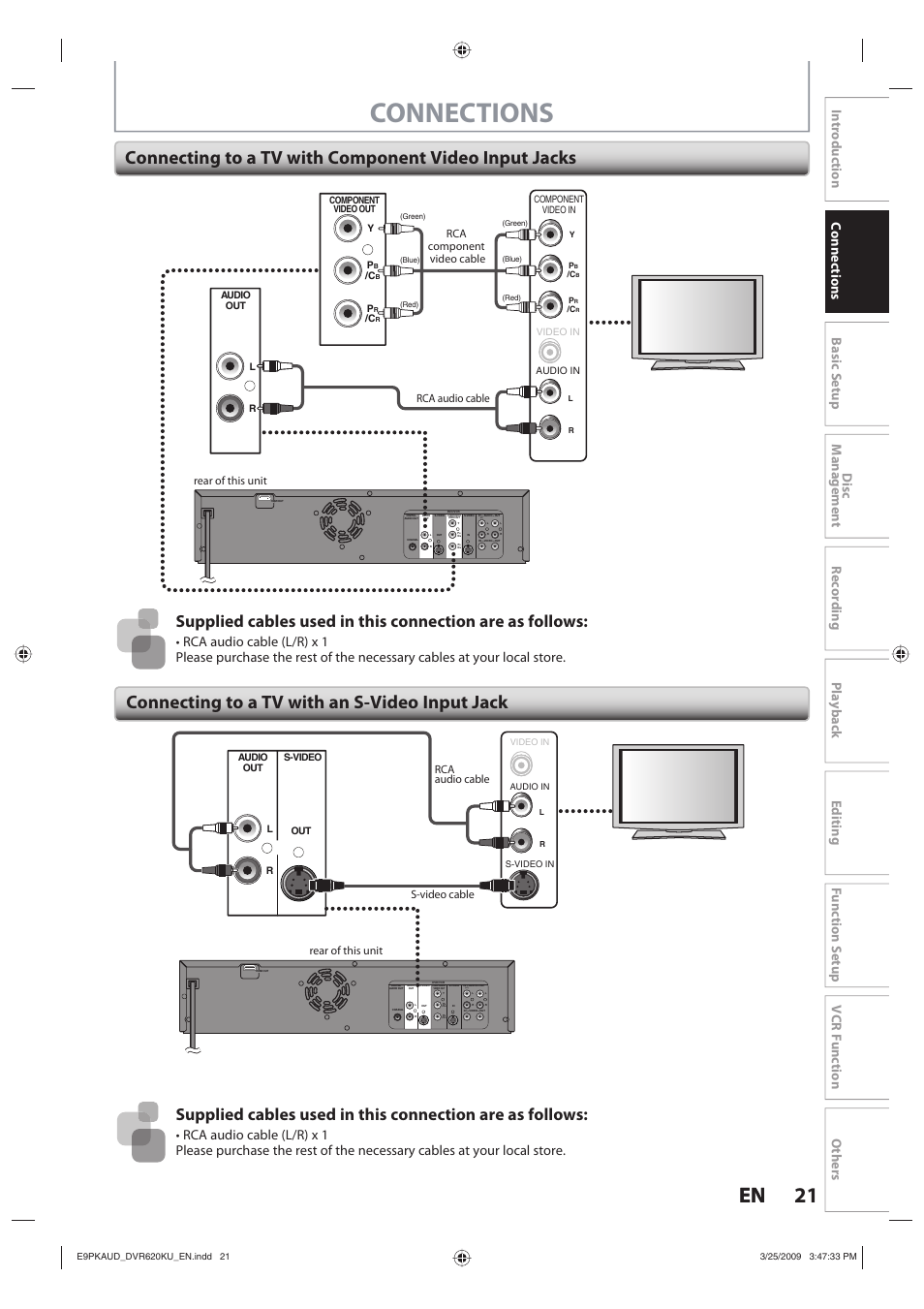 Connections, 21 en 21 en, Rear of this unit rca audio cable | Rca component video cable, Rear of this unit rca audio cable s-video cable | Toshiba DVR620KU User Manual | Page 21 / 113