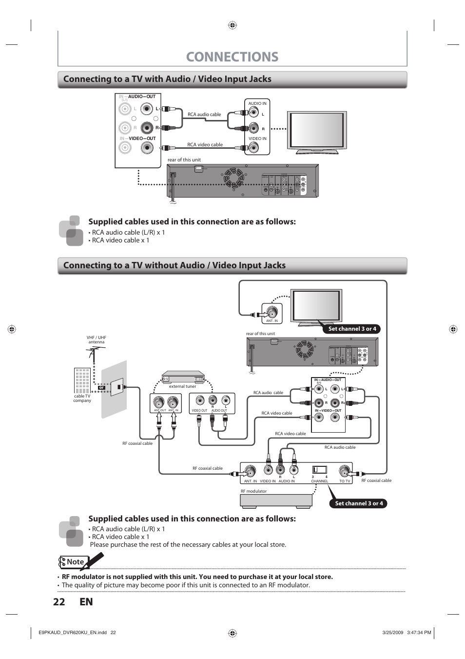 Connections, 22 en 22 en, Rca audio cable (l/r) x 1 • rca video cable x 1 | Set channel 3 or 4 | Toshiba DVR620KU User Manual | Page 22 / 113