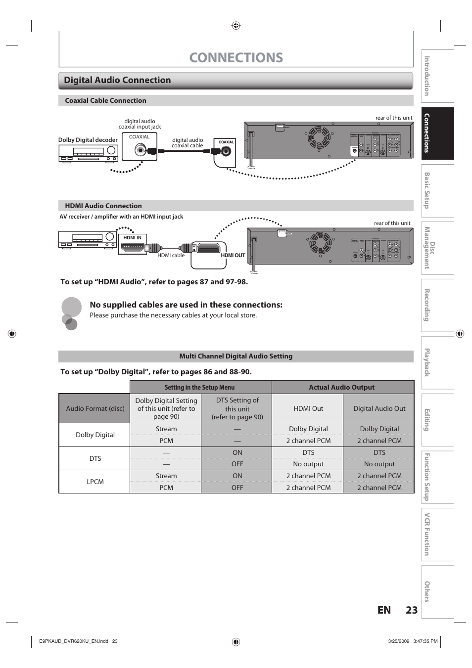 Connections, 23 en 23 en, Digital audio connection | No supplied cables are used in these connections | Toshiba DVR620KU User Manual | Page 23 / 113