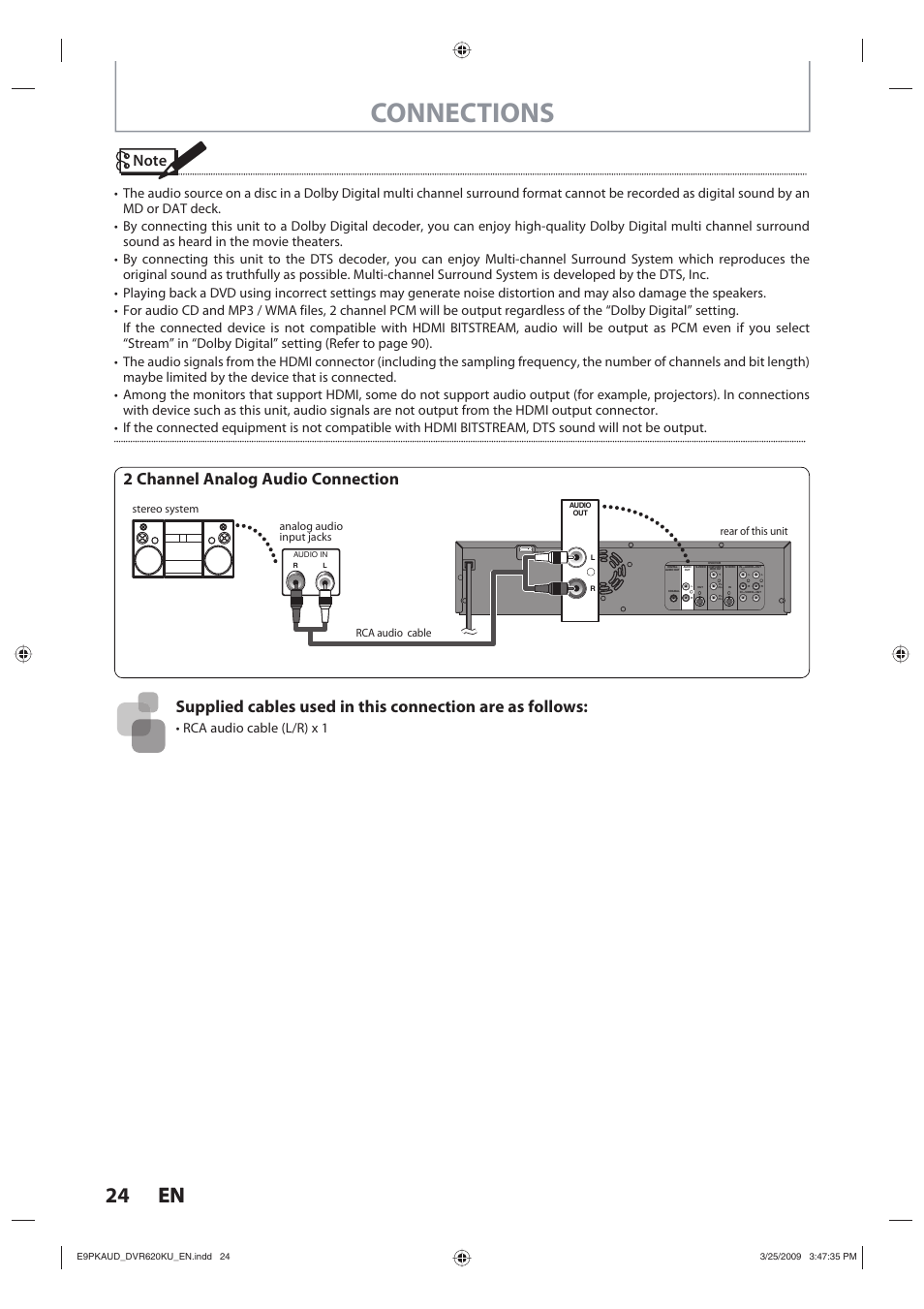 Connections, 24 en 24 en, 2 channel analog audio connection | Rca audio cable (l/r) x 1 | Toshiba DVR620KU User Manual | Page 24 / 113