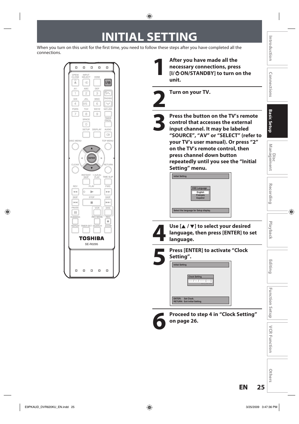 Initial setting, 25 en 25 en | Toshiba DVR620KU User Manual | Page 25 / 113