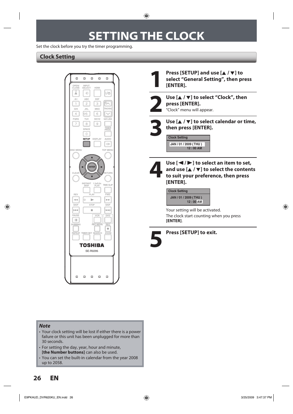 Setting the clock, 26 en 26 en, Clock setting | Toshiba DVR620KU User Manual | Page 26 / 113