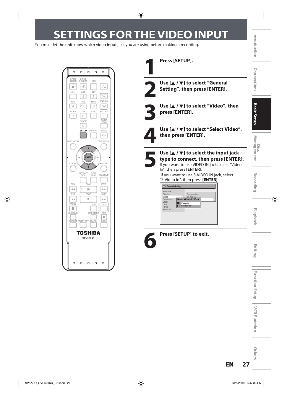 Settings for the video input, 27 en 27 en | Toshiba DVR620KU User Manual | Page 27 / 113