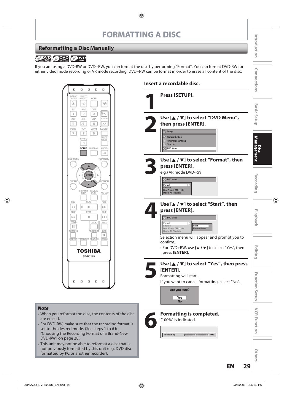 Formatting a disc, 29 en 29 en, Reformatting a disc manually | Toshiba DVR620KU User Manual | Page 29 / 113