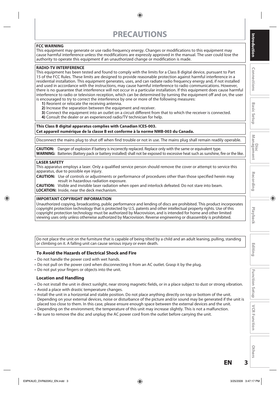 Precautions, 3en 3 en | Toshiba DVR620KU User Manual | Page 3 / 113