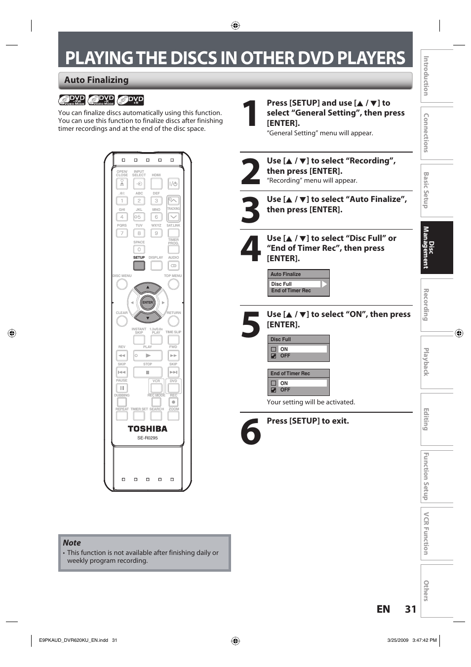 Playing the discs in other dvd players, 31 en 31 en, Auto finalizing | Toshiba DVR620KU User Manual | Page 31 / 113