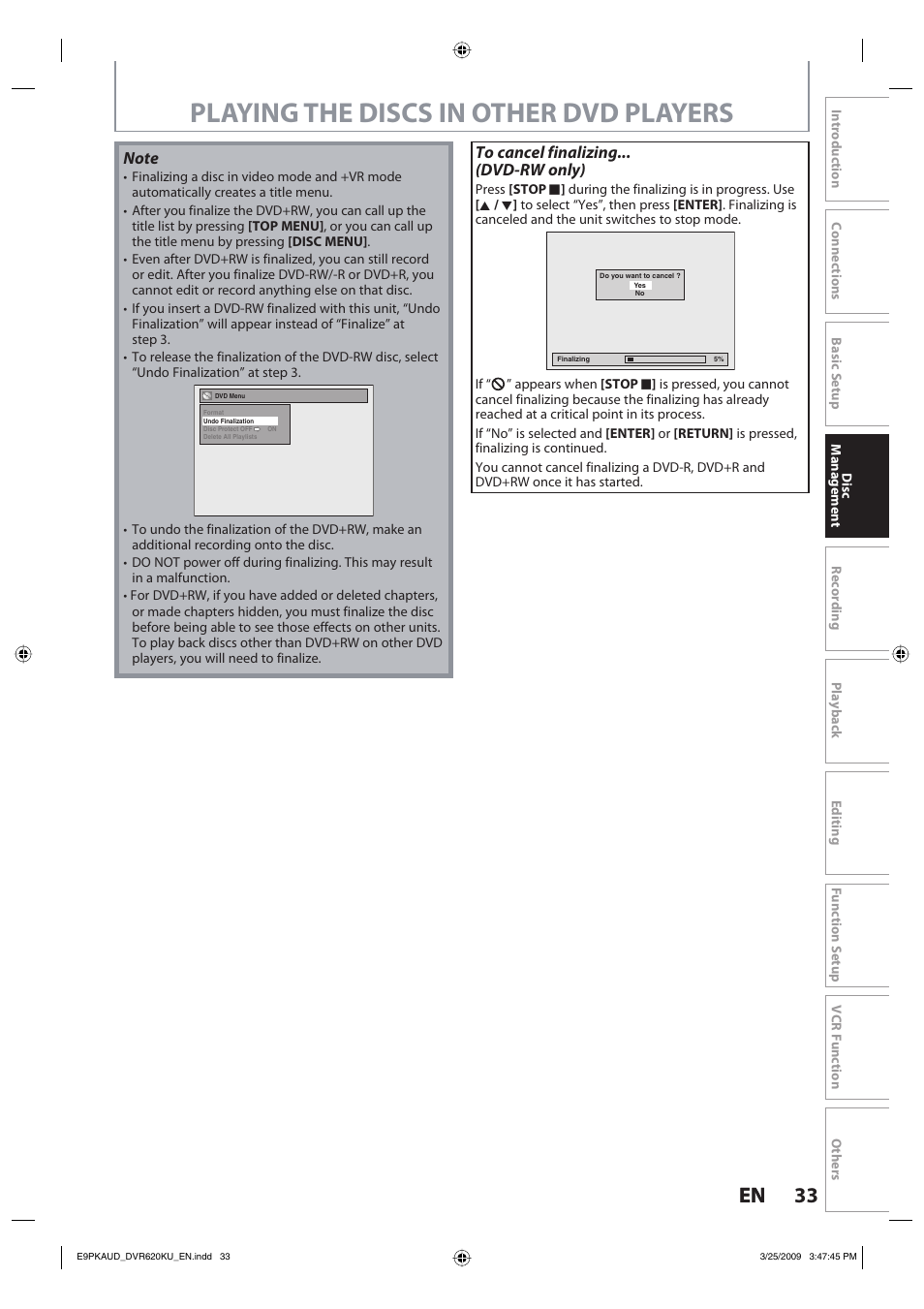 Playing the discs in other dvd players, 33 en 33 en | Toshiba DVR620KU User Manual | Page 33 / 113