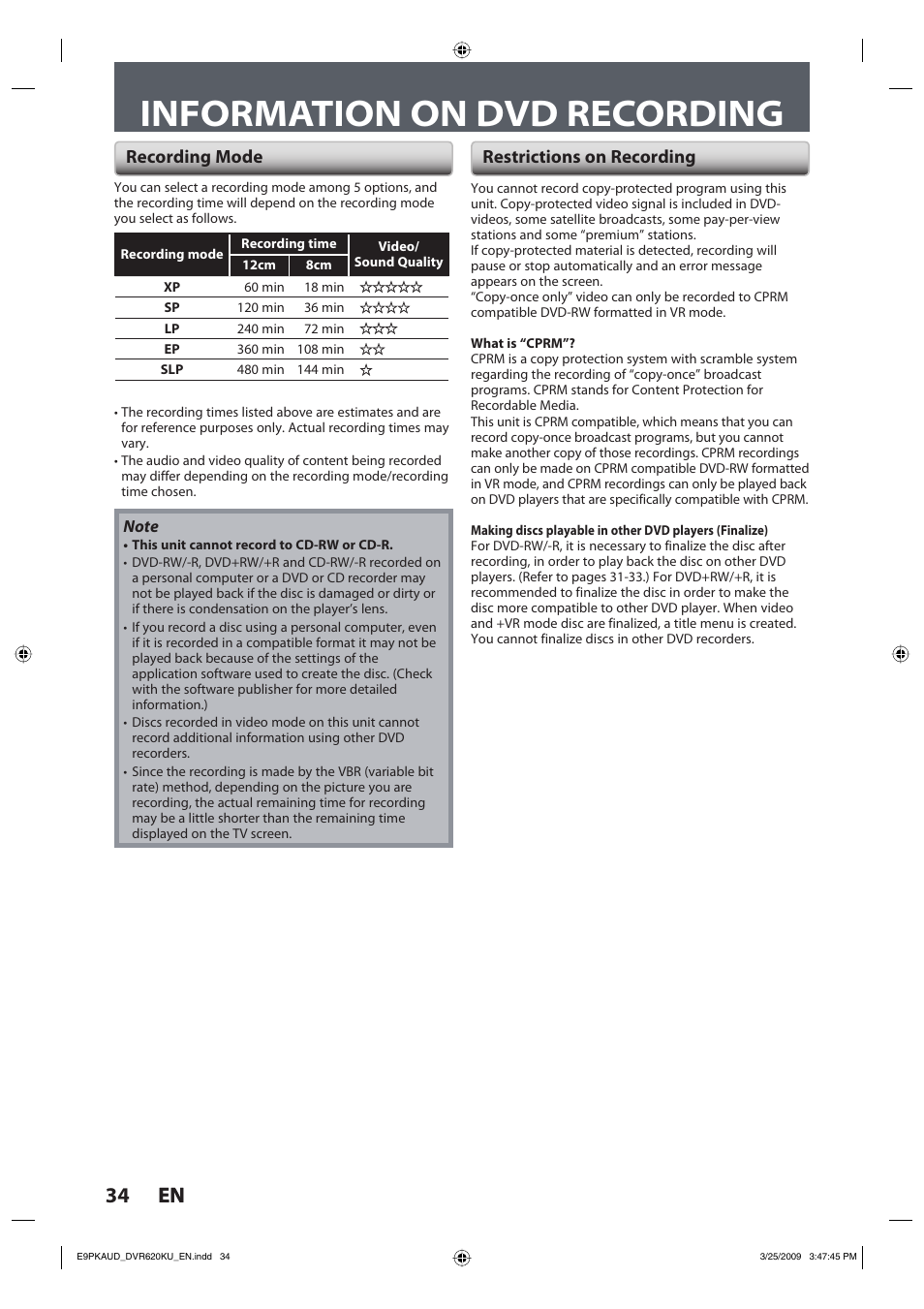 Information on dvd recording, 34 en 34 en, Recording mode | Restrictions on recording | Toshiba DVR620KU User Manual | Page 34 / 113