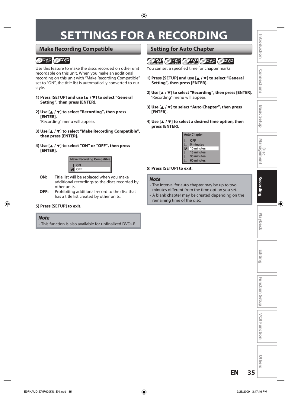 Settings for a recording, 35 en 35 en, Make recording compatible setting for auto chapter | Toshiba DVR620KU User Manual | Page 35 / 113