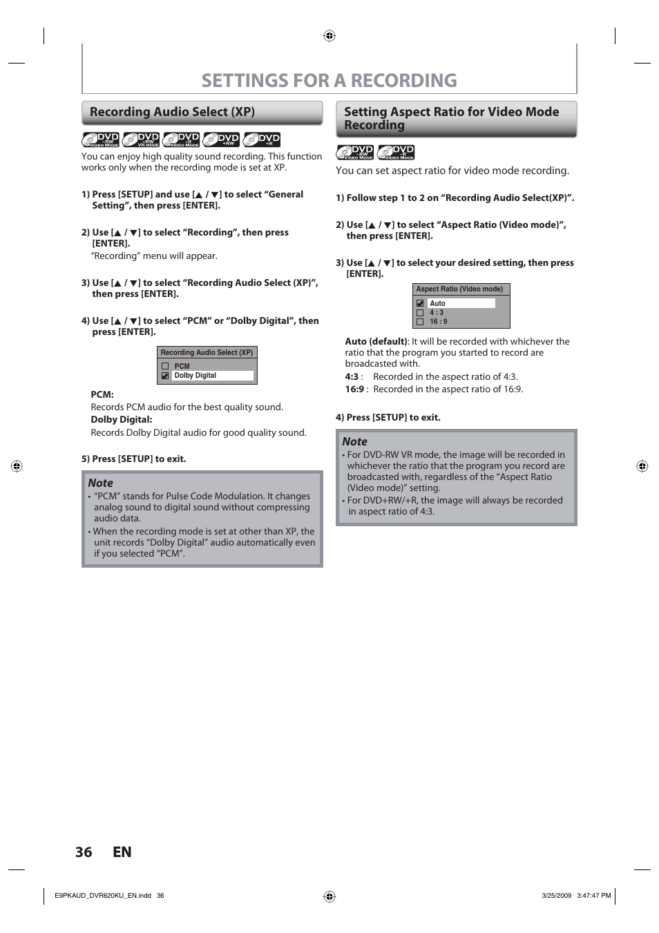 Settings for a recording, 36 en 36 en | Toshiba DVR620KU User Manual | Page 36 / 113