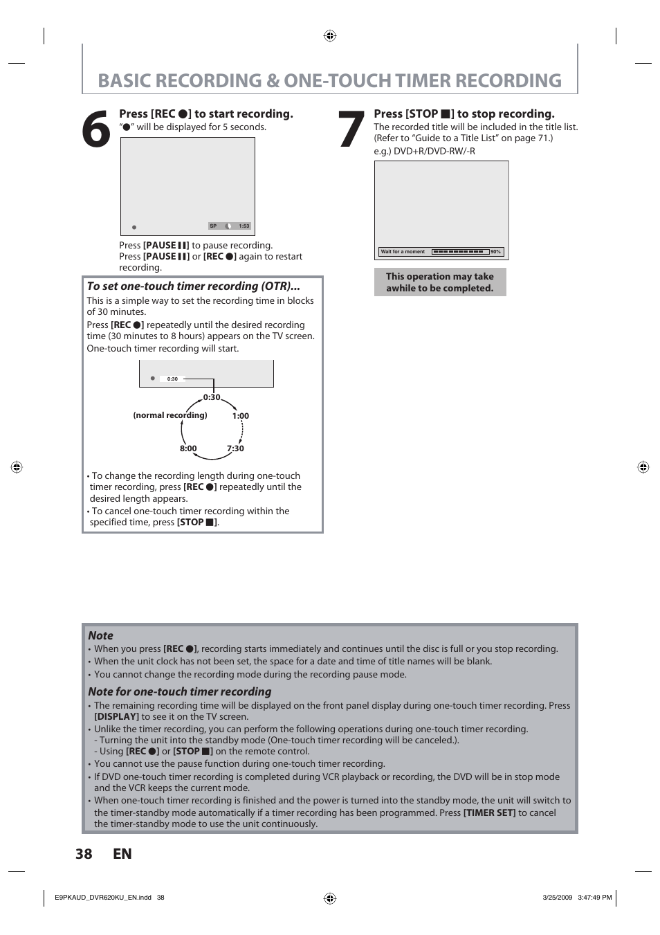 Basic recording & one-touch timer recording, 38 en 38 en | Toshiba DVR620KU User Manual | Page 38 / 113