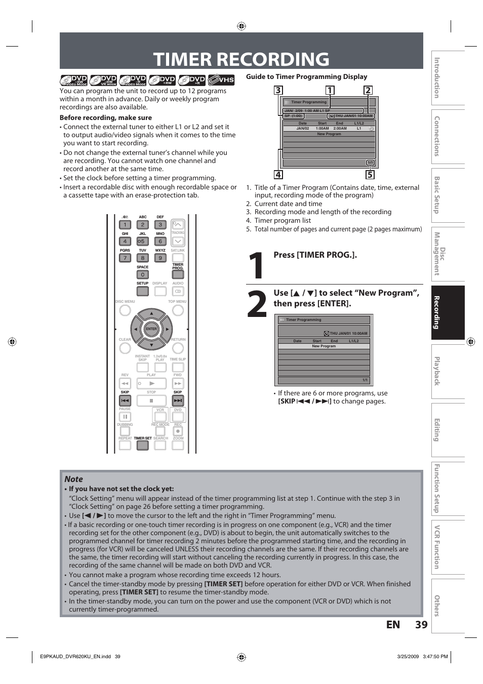 Timer recording, 39 en 39 en, Press [timer prog | Toshiba DVR620KU User Manual | Page 39 / 113