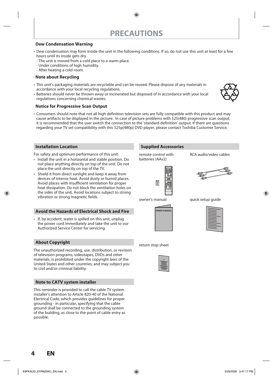 Precautions, 4en 4 en | Toshiba DVR620KU User Manual | Page 4 / 113