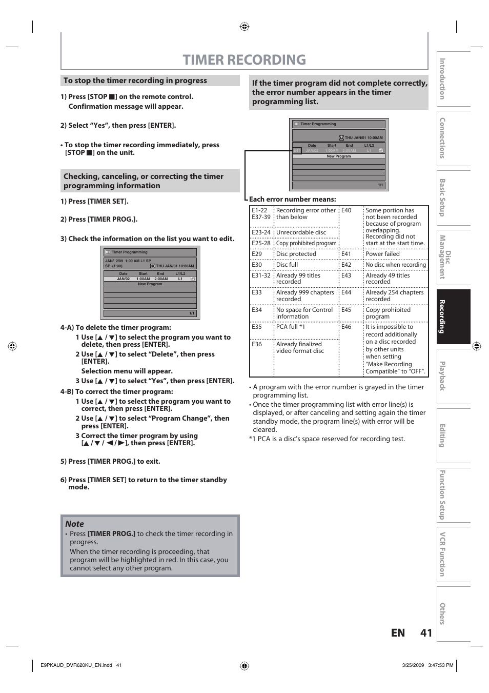 Timer recording, 41 en 41 en | Toshiba DVR620KU User Manual | Page 41 / 113