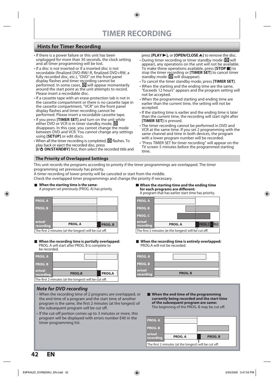 Timer recording, 42 en 42 en, Hints for timer recording | Toshiba DVR620KU User Manual | Page 42 / 113