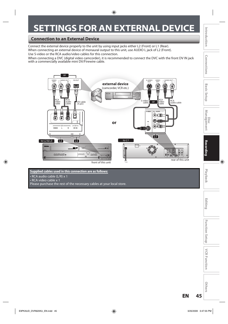 Settings for an external device, 45 en 45 en, Connection to an external device | External device, Tracking dubbing select vcr dvd, Front of this unit rear of this unit, Camcorder, vcr etc.), Or l2 l3 l1 | Toshiba DVR620KU User Manual | Page 45 / 113