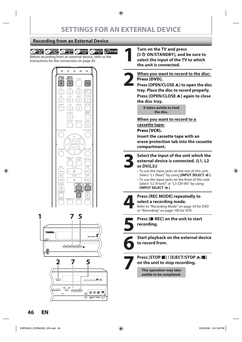 Settings for an external device, 46 en 46 en, Recording from an external device | Toshiba DVR620KU User Manual | Page 46 / 113