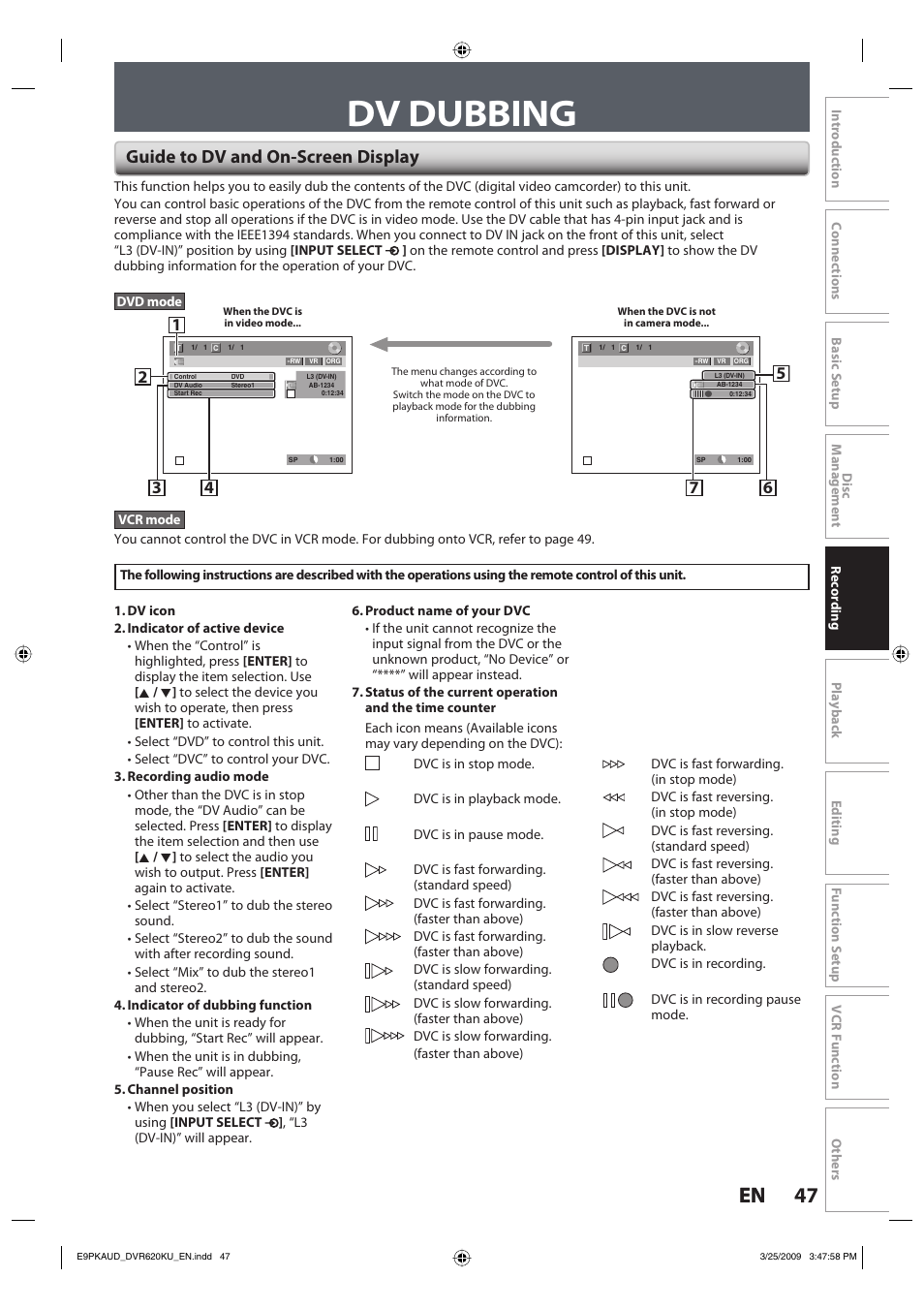 Dv dubbing, 47 en 47 en, Guide to dv and on-screen display | Toshiba DVR620KU User Manual | Page 47 / 113