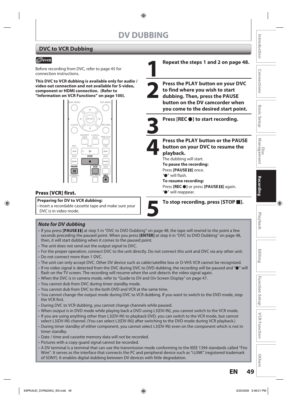 Dv dubbing, 49 en 49 en | Toshiba DVR620KU User Manual | Page 49 / 113