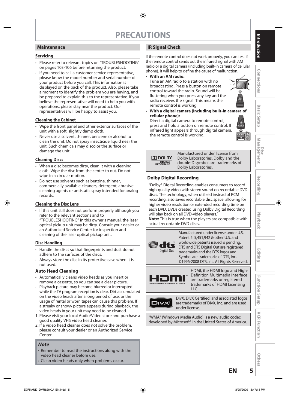 Precautions, 5en 5 en | Toshiba DVR620KU User Manual | Page 5 / 113