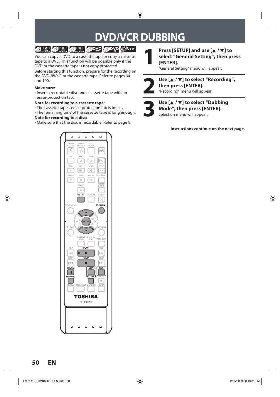 Dvd/vcr dubbing, 50 en 50 en | Toshiba DVR620KU User Manual | Page 50 / 113