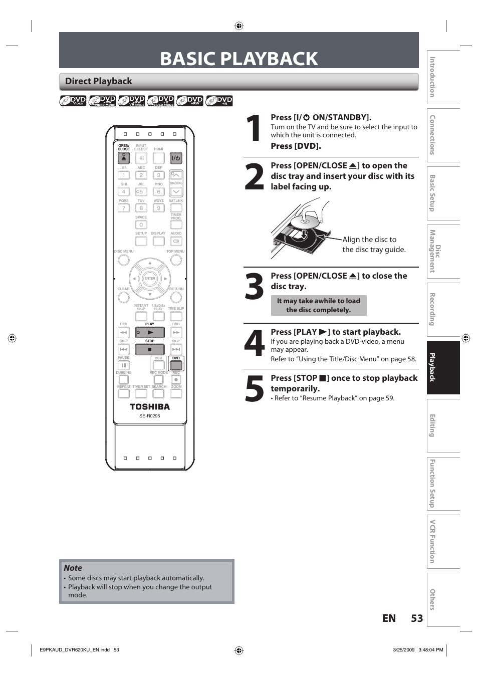 Basic playback, 53 en 53 en, Direct playback | Toshiba DVR620KU User Manual | Page 53 / 113