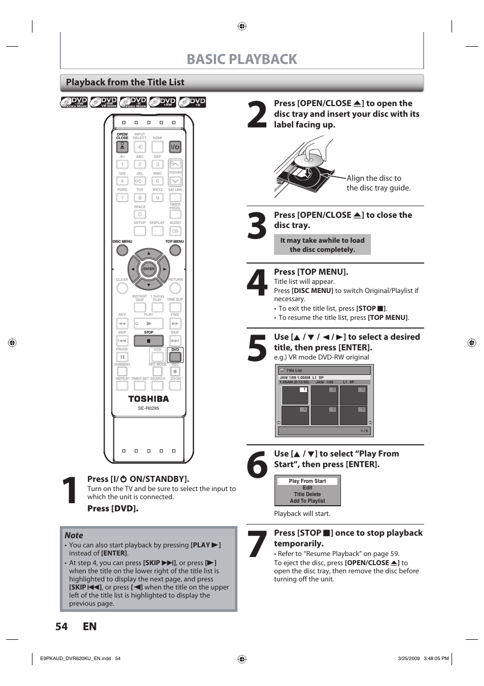 Basic playback, 54 en 54 en, Playback from the title list | Toshiba DVR620KU User Manual | Page 54 / 113