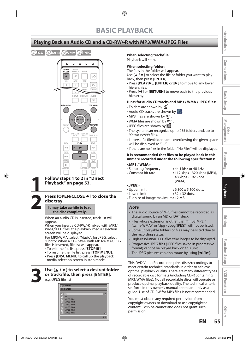 Basic playback, 55 en 55 en, Press [open/close a ] to close the disc tray | Toshiba DVR620KU User Manual | Page 55 / 113