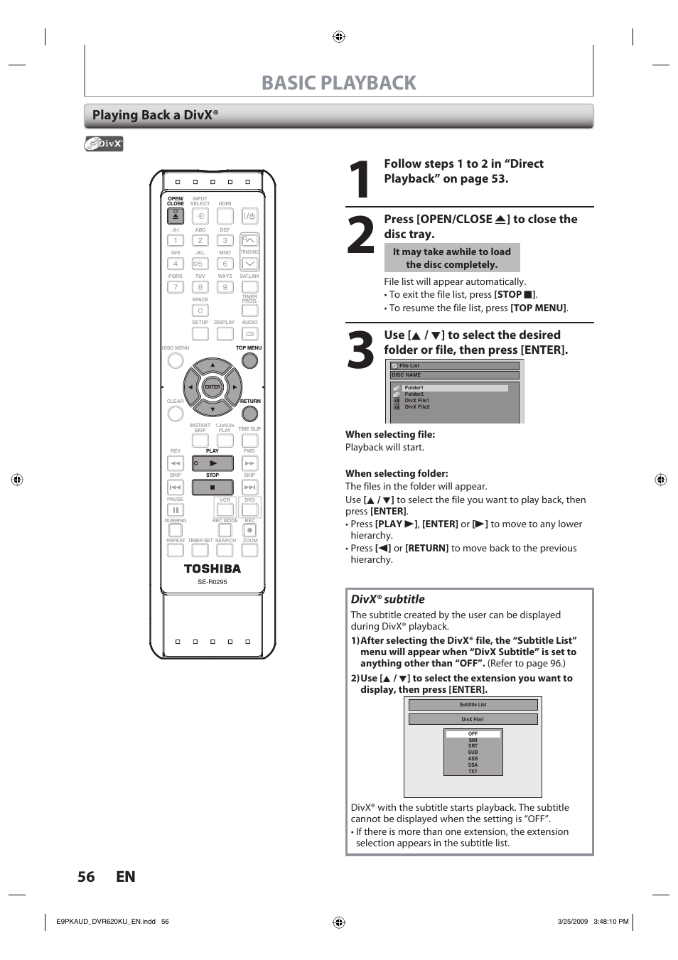 Basic playback, 56 en 56 en, Playing back a divx | Press [open/close a ] to close the disc tray, Divx® subtitle | Toshiba DVR620KU User Manual | Page 56 / 113