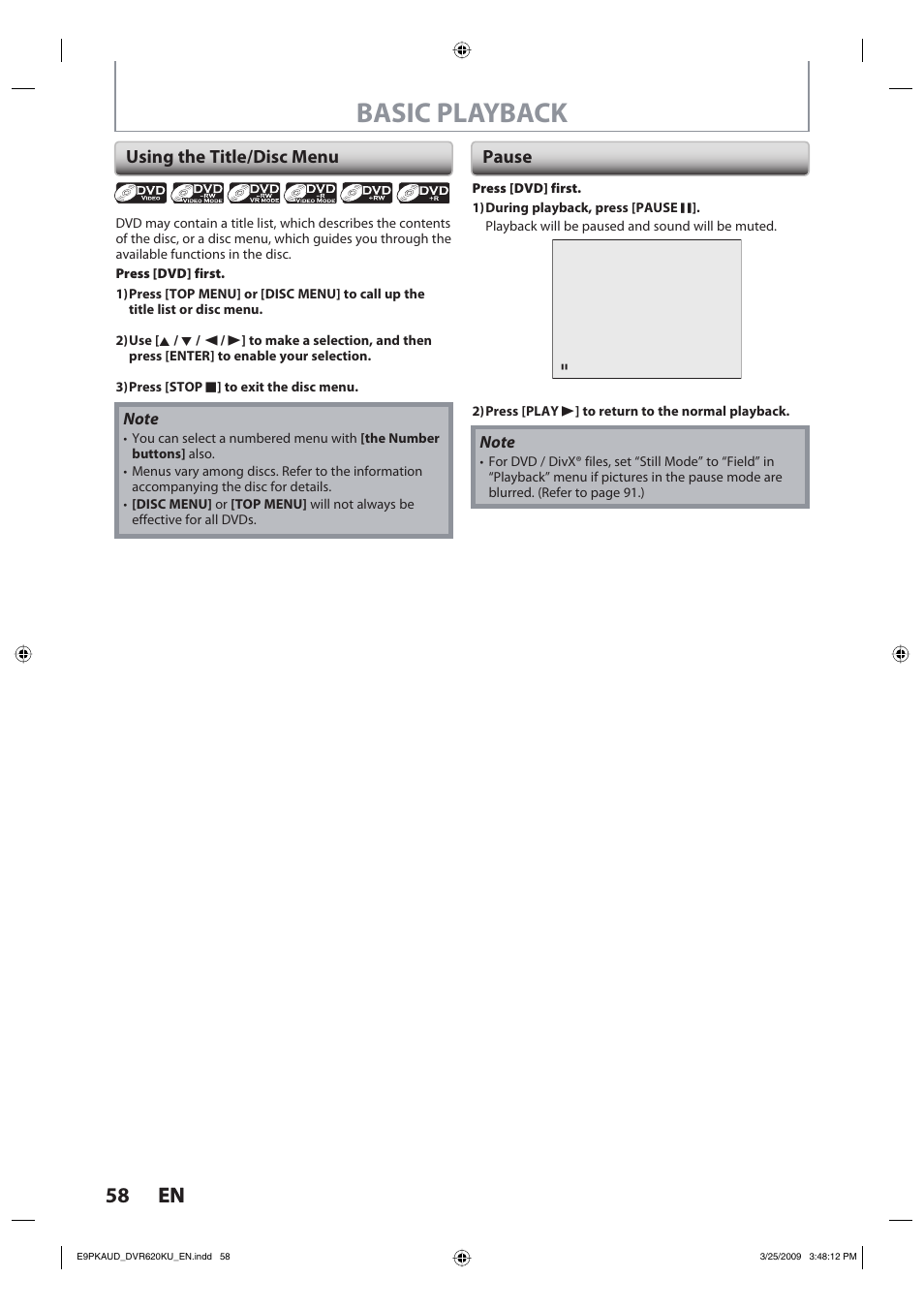 Basic playback, 58 en 58 en, Using the title/disc menu | Pause | Toshiba DVR620KU User Manual | Page 58 / 113