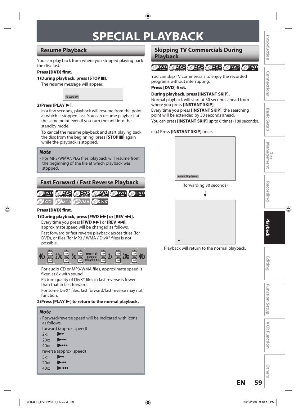 Special playback, 59 en 59 en, Resume playback | Toshiba DVR620KU User Manual | Page 59 / 113