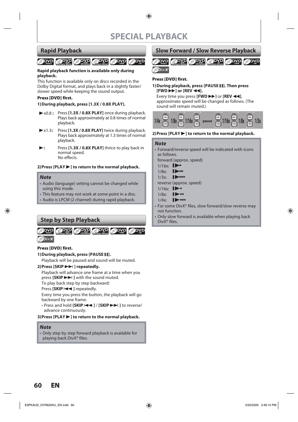 Special playback, 60 en 60 en, 1/8x | Rapid playback, Step by step playback, Slow forward / slow reverse playback | Toshiba DVR620KU User Manual | Page 60 / 113