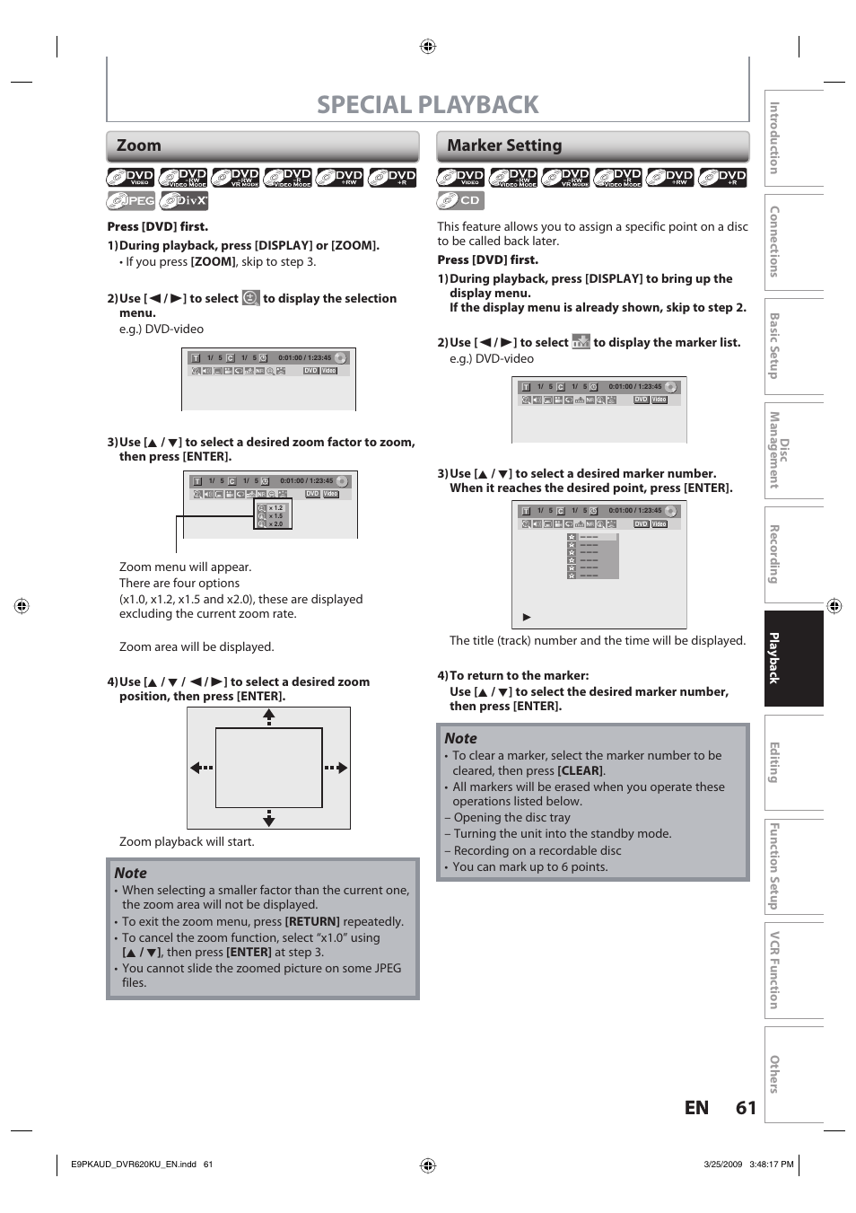 Special playback, 61 en 61 en, Zoom | Marker setting | Toshiba DVR620KU User Manual | Page 61 / 113