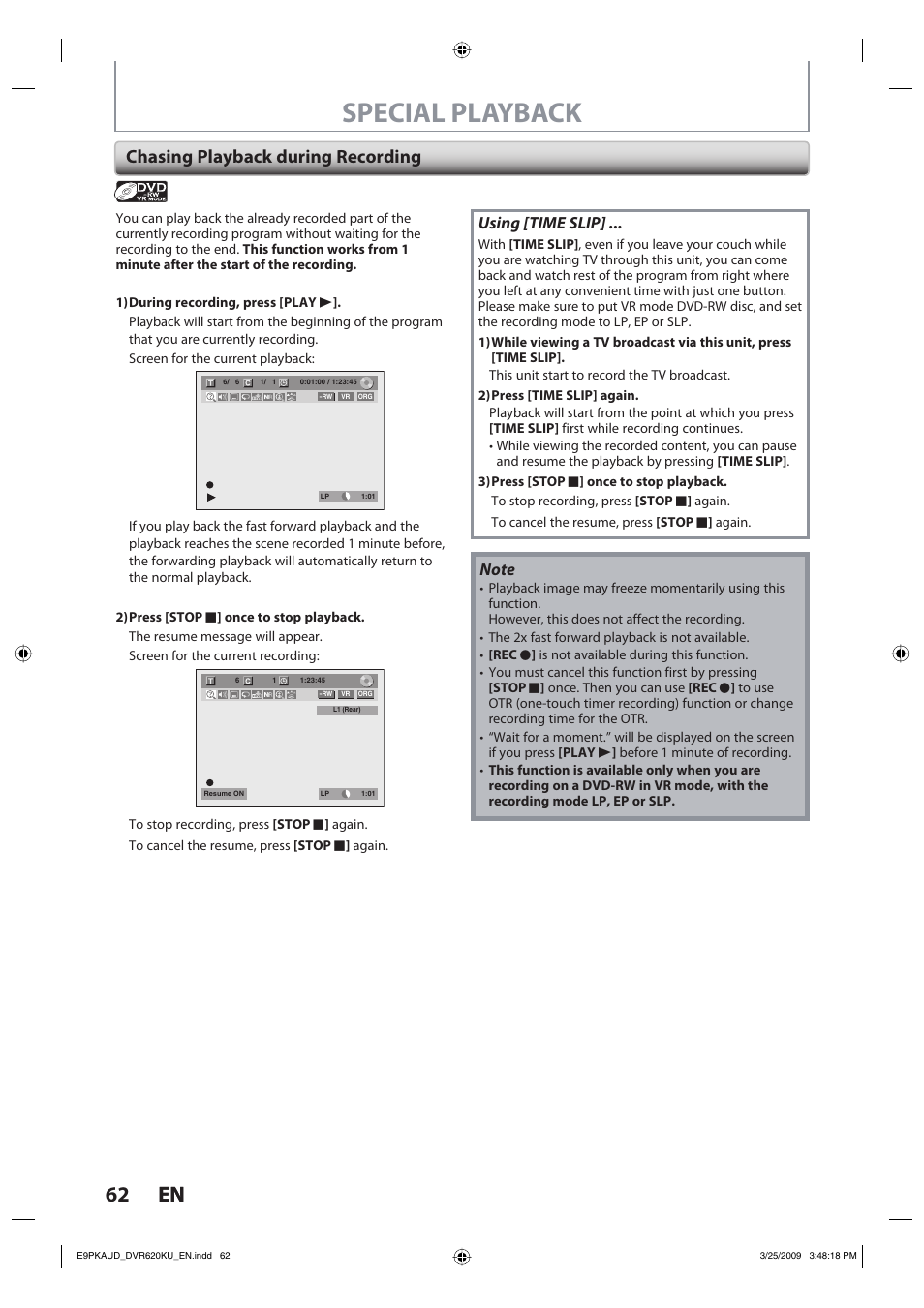 Special playback, 62 en 62 en, Chasing playback during recording | Using [time slip | Toshiba DVR620KU User Manual | Page 62 / 113