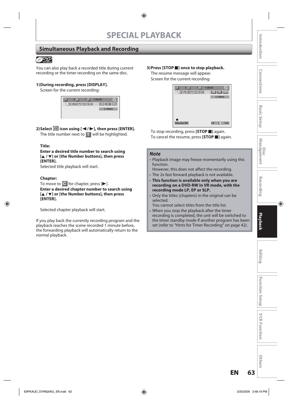 Special playback, 63 en 63 en, Simultaneous playback and recording | Toshiba DVR620KU User Manual | Page 63 / 113