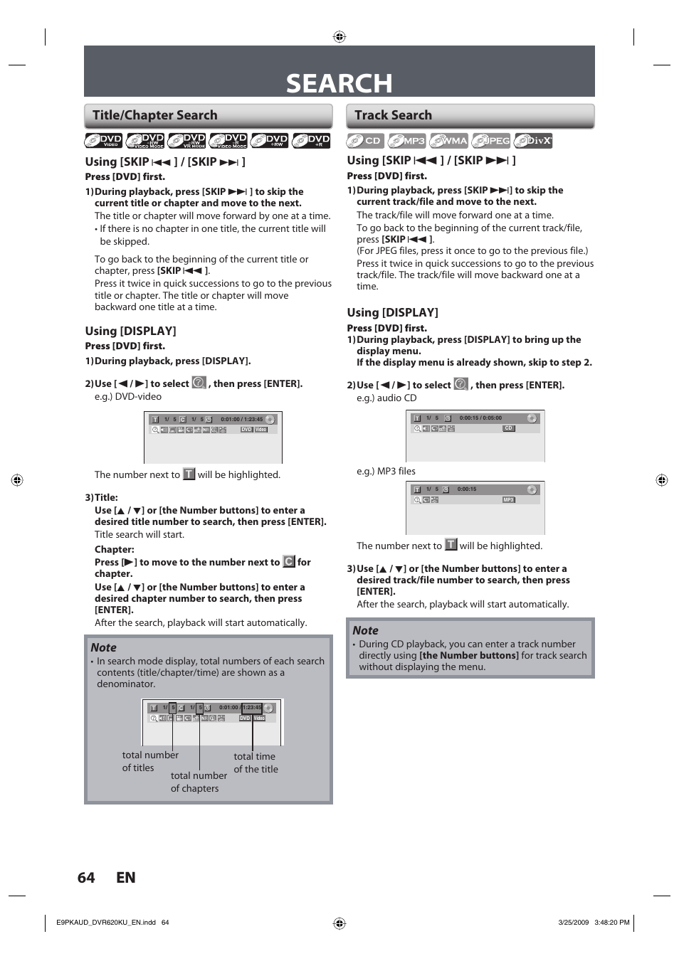 Search, 64 en 64 en, Title/chapter search | Track search | Toshiba DVR620KU User Manual | Page 64 / 113