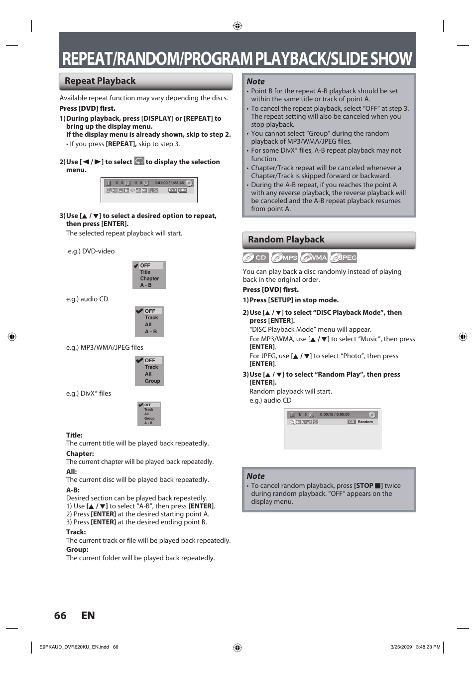 Repeat/random/program playback/slide show, 66 en 66 en, Repeat playback random playback | Toshiba DVR620KU User Manual | Page 66 / 113