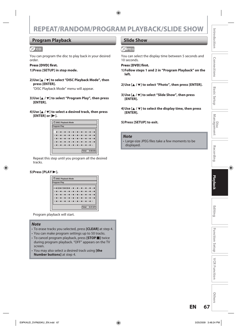 Repeat/random/program playback/slide show, 67 en 67 en, Program playback | Slide show, Program playback will start | Toshiba DVR620KU User Manual | Page 67 / 113