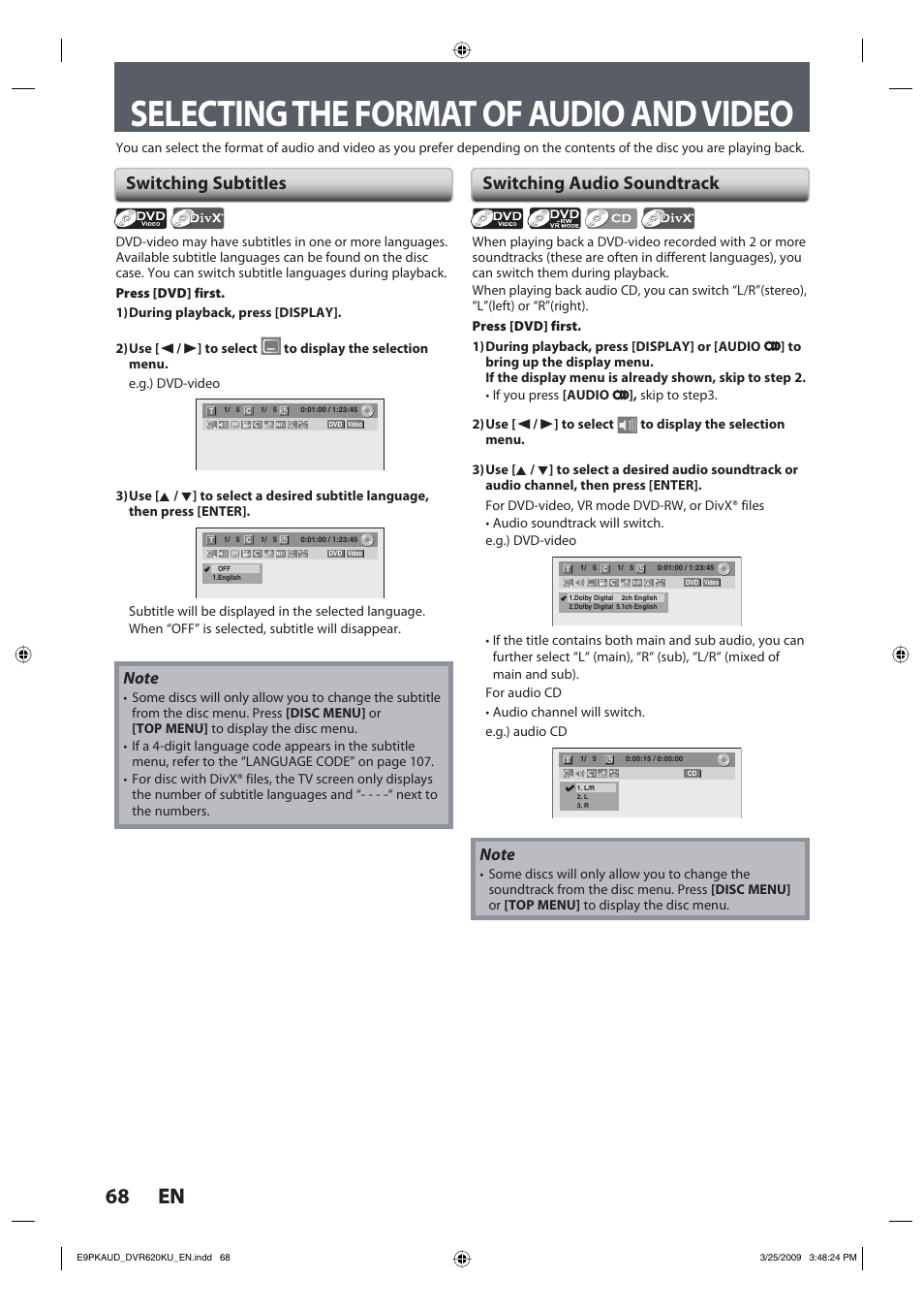 Selecting the format of audio and video, 68 en 68 en, Switching subtitles | Switching audio soundtrack | Toshiba DVR620KU User Manual | Page 68 / 113