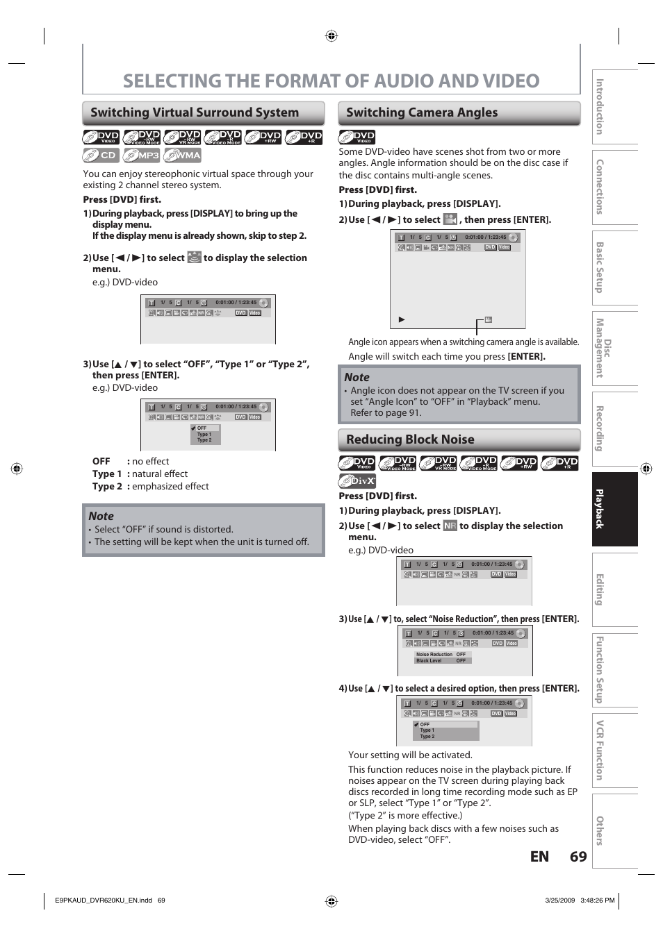 Selecting the format of audio and video, 69 en 69 en, Switching virtual surround system | Switching camera angles reducing block noise | Toshiba DVR620KU User Manual | Page 69 / 113