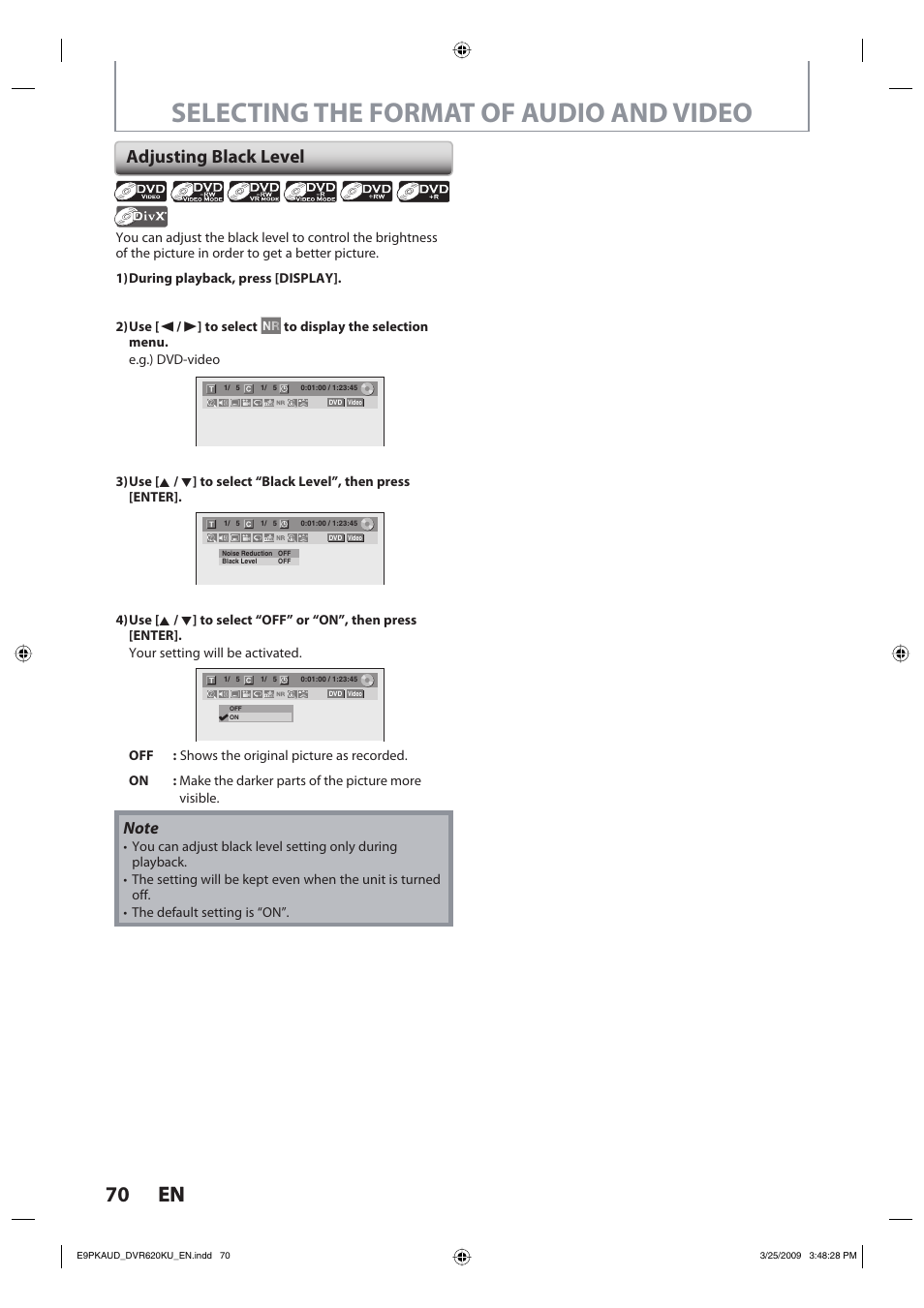 Selecting the format of audio and video, 70 en 70 en, Adjusting black level | Toshiba DVR620KU User Manual | Page 70 / 113