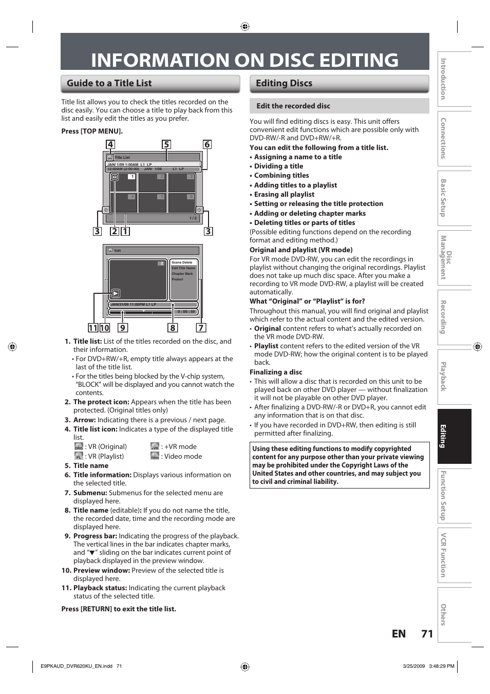 Information on disc editing, 71 en 71 en, Guide to a title list editing discs | Toshiba DVR620KU User Manual | Page 71 / 113