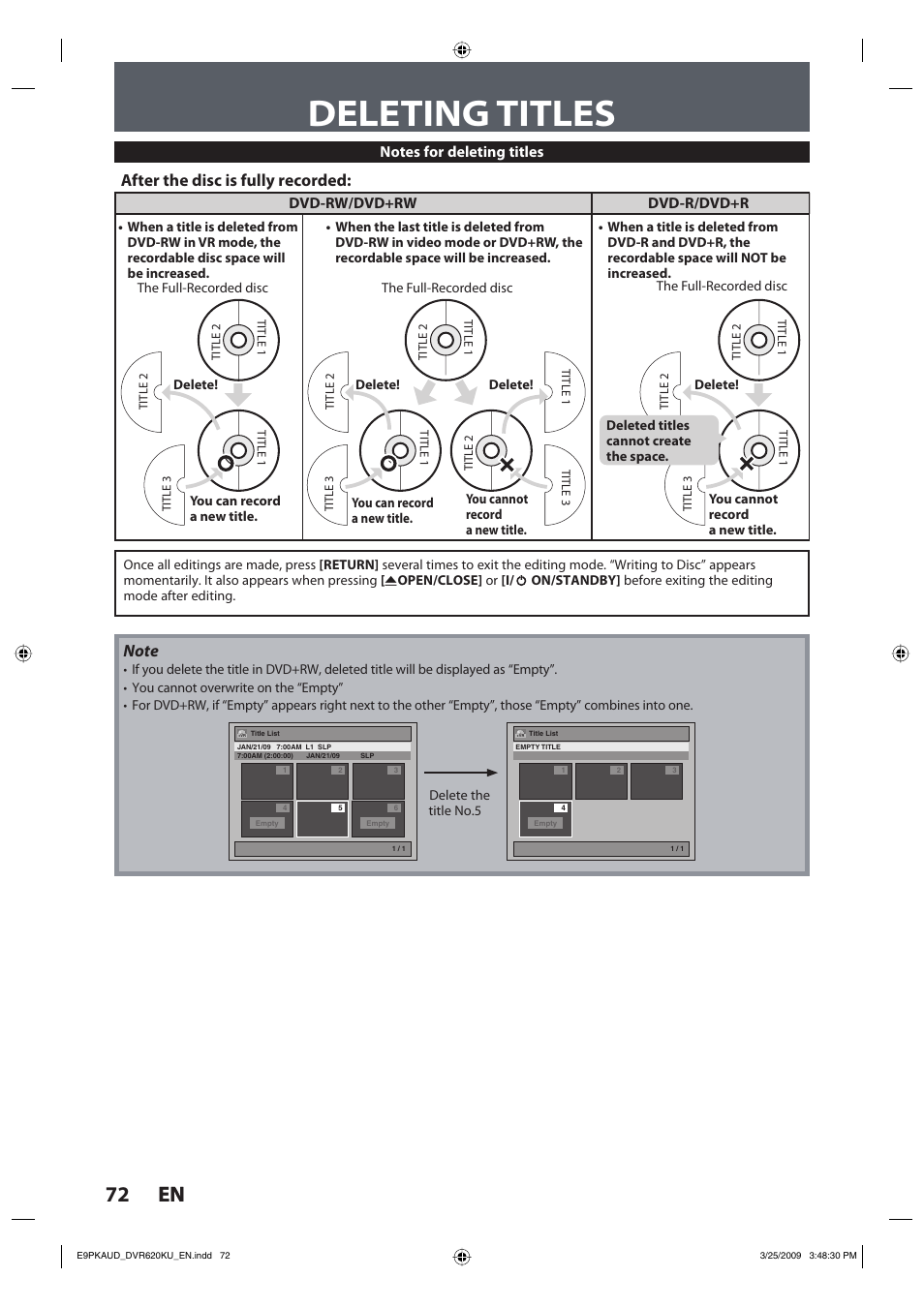 Deleting titles, 72 en 72 en, After the disc is fully recorded | Dvd-rw/dvd+rw dvd-r/dvd+r | Toshiba DVR620KU User Manual | Page 72 / 113