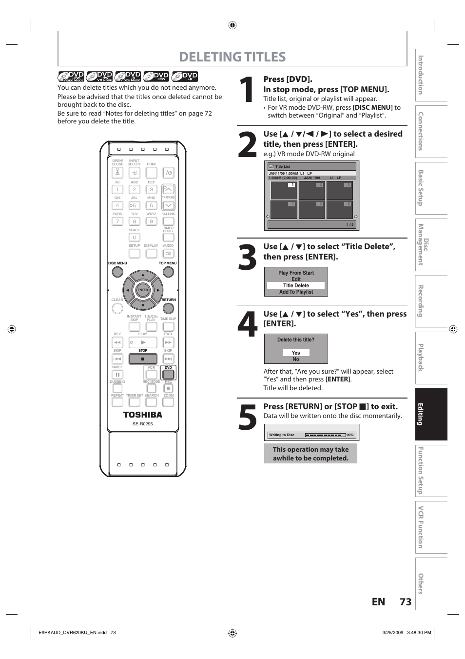 Deleting titles, 73 en 73 en, Press [dvd]. in stop mode, press [top menu | Use [ k / l ] to select “yes”, then press [enter, Press [return] or [stop c ] to exit | Toshiba DVR620KU User Manual | Page 73 / 113