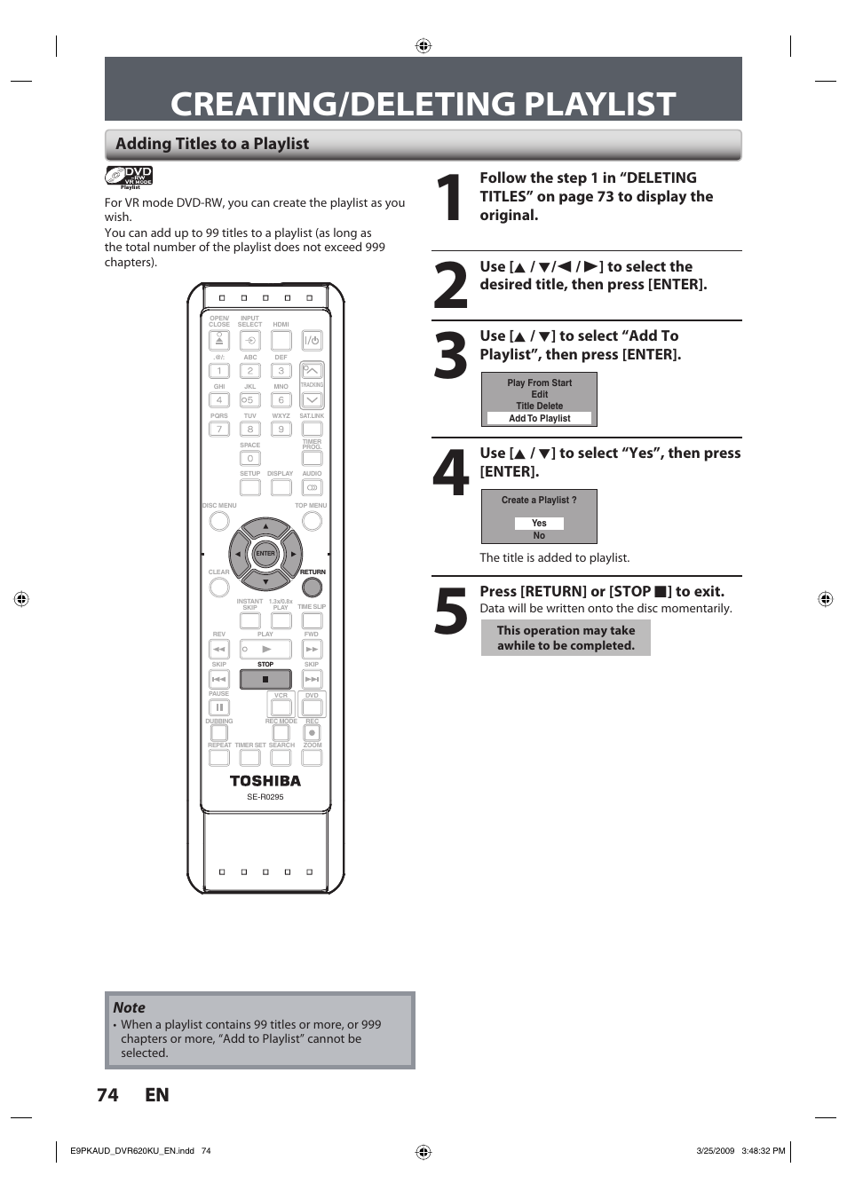 Creating/deleting playlist, 74 en 74 en, Adding titles to a playlist | Toshiba DVR620KU User Manual | Page 74 / 113