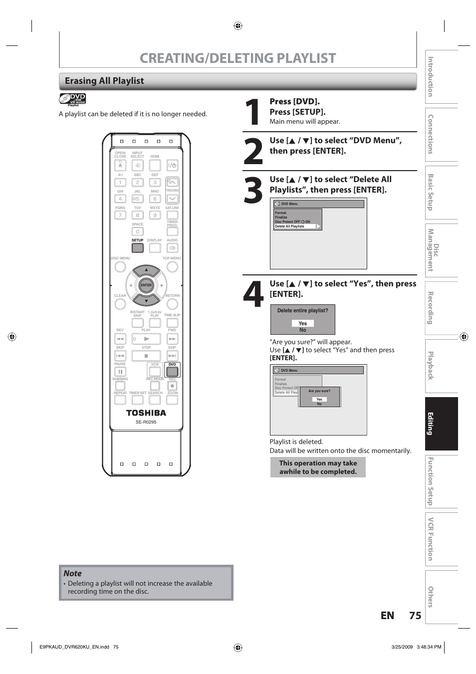 Creating/deleting playlist, 75 en 75 en, Erasing all playlist | Press [dvd]. press [setup, Use [ k / l ] to select “yes”, then press [enter | Toshiba DVR620KU User Manual | Page 75 / 113