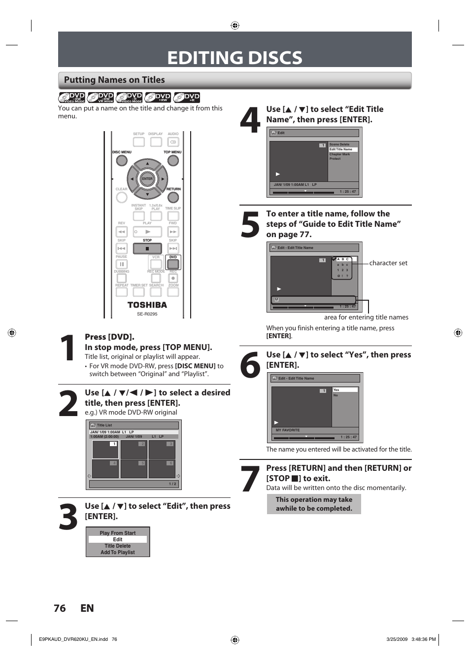 Editing discs, 76 en 76 en, Putting names on titles | Toshiba DVR620KU User Manual | Page 76 / 113